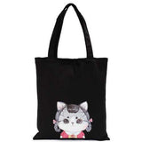 Women Cat Black Canvas Handbags Totes Large Capcity Shoulder Bags Shopping Bags