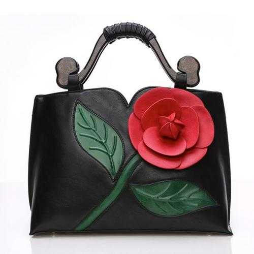 Women National Style Flower Decoration PU Leather Handbag Crossbody Bag