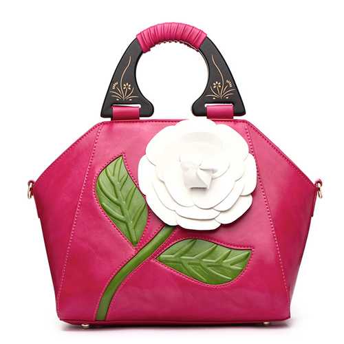 Women PU Leather National Style Decorative Rose Wooden Handl