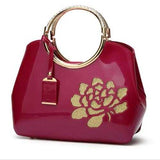 Embroidery Flower Bright Patent Leather Shell Ladies Handbag