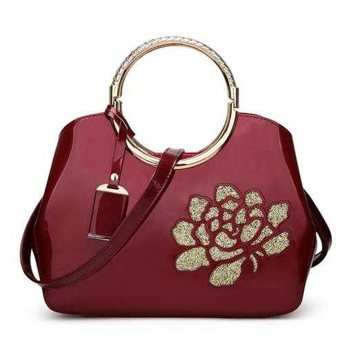 Embroidery Flower Bright Patent Leather Shell Ladies Handbag