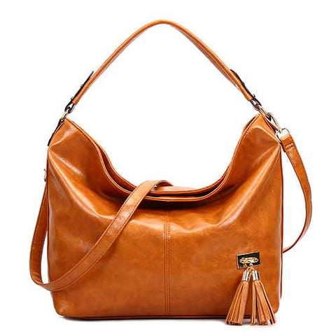 Oil Leather Tassel Women Tote Bag Casual Retro Hobos Bag