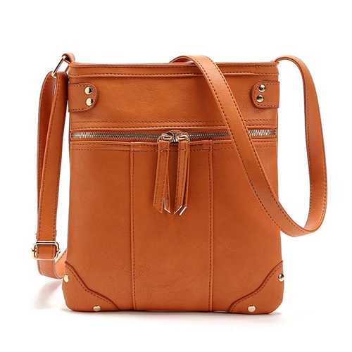 Women Retro Rivet Design Winter Front Zipper Pocket Crossbody Bag