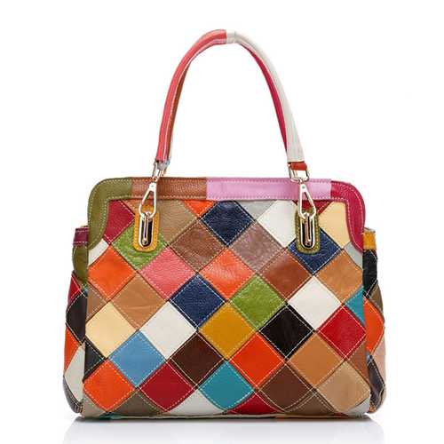 Women Patchwork Cowhide Colorful Handbag