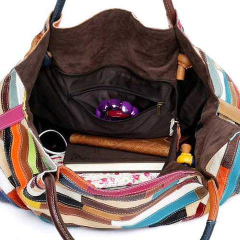 Women Casual Patchwork Cowhide Colorful Handbag