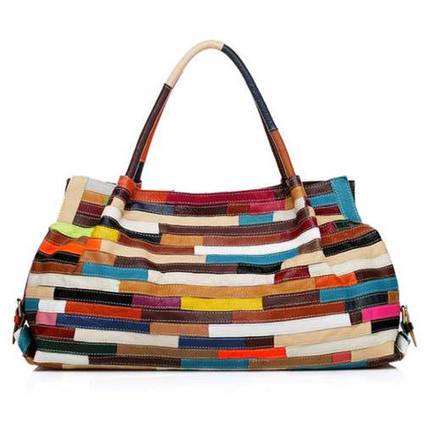 Women Casual Patchwork Cowhide Colorful Handbag