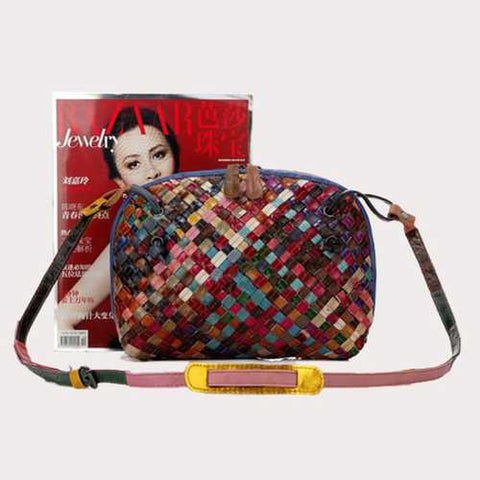 Women Woven Patchwork Cowhide Crossbody Bag