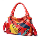 Women Genuine Leather Rivet Fashion Patchwork Handbag