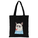 Women Cat Black Canvas Handbags Totes Large Capcity Shoulder Bags Shopping Bags