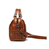 Women PU Solid Color Fashion Oil Wax Rivets Boston Handbag