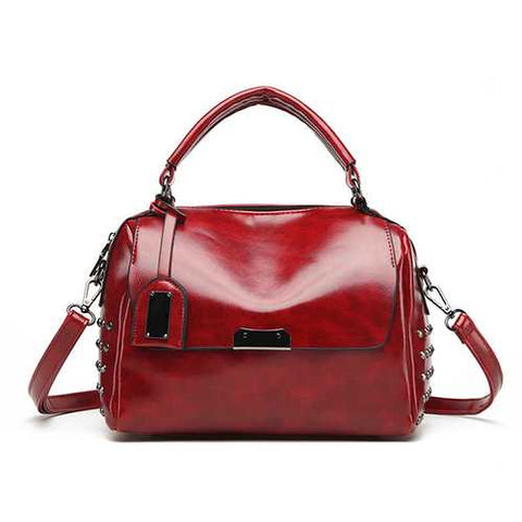 Women PU Solid Color Fashion Oil Wax Rivets Boston Handbag