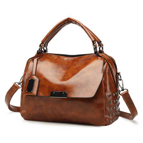 Women PU Solid Color Fashion Oil Wax Rivets Boston Handbag