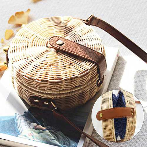 Women Rattan Bag Casual Crossbody Bag Round Beach Bag