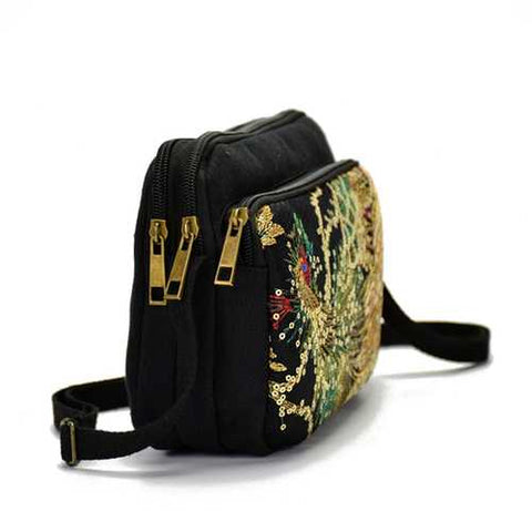 Women National Embroider Peacock Canvas Sling Bag Shoulder Crossbody Bag