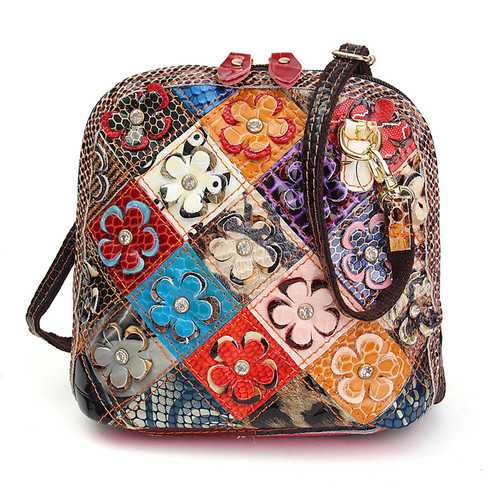 Women Genuine Leather Patchwork Floral Crossbody Bag