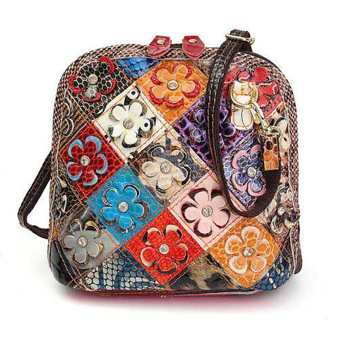 Women Genuine Leather Patchwork Floral Crossbody Bag