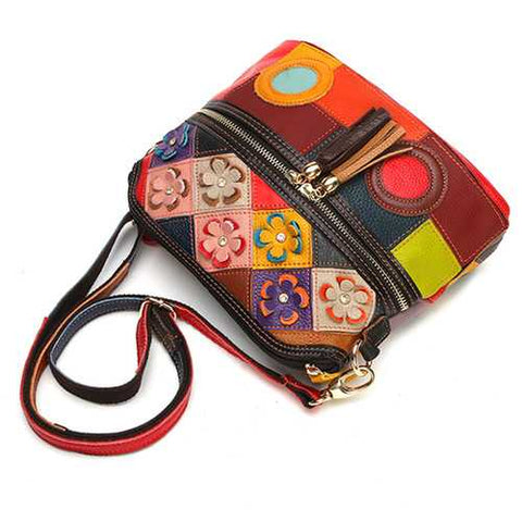 Women Genuine Leather Floral Crossbody Bag Vintage Bag