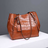Women Crocodile Pattern Oil Wax Handbag Bucket Bag