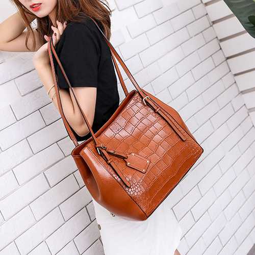Women Crocodile Pattern Oil Wax Handbag Bucket Bag