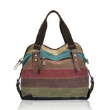 Women Casual Stripe Canvas Handbags Micro-Fibric Leather Sho