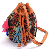 Women Bohemia Canvas Bucket Bags Drawstring Crossbody Bags Shoulder Bags