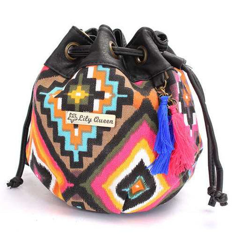 Women Bohemia Canvas Bucket Bags Drawstring Crossbody Bags Shoulder Bags