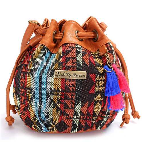 Women Bohemia Canvas Bucket Bags Drawstring Crossbody Bags Shoulder Bags