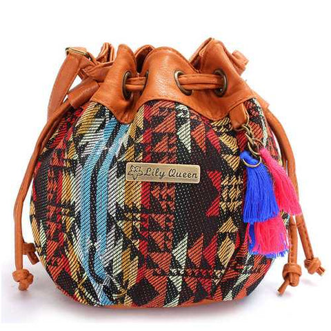 Women Bohemia Canvas Bucket Bags Drawstring Crossbody Bags Shoulder Bags